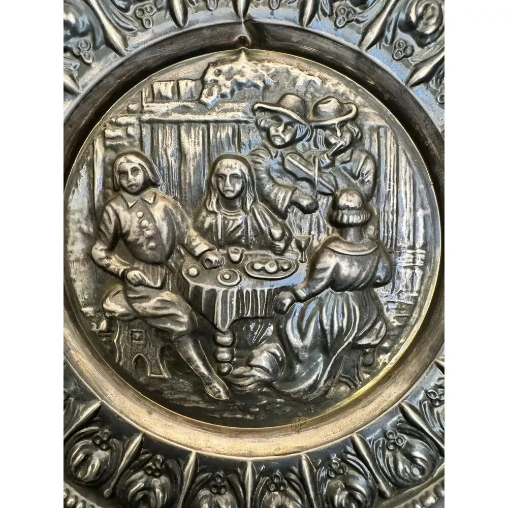 Mid Century Peerage English Brass Hammered Art Plate Pub Scene